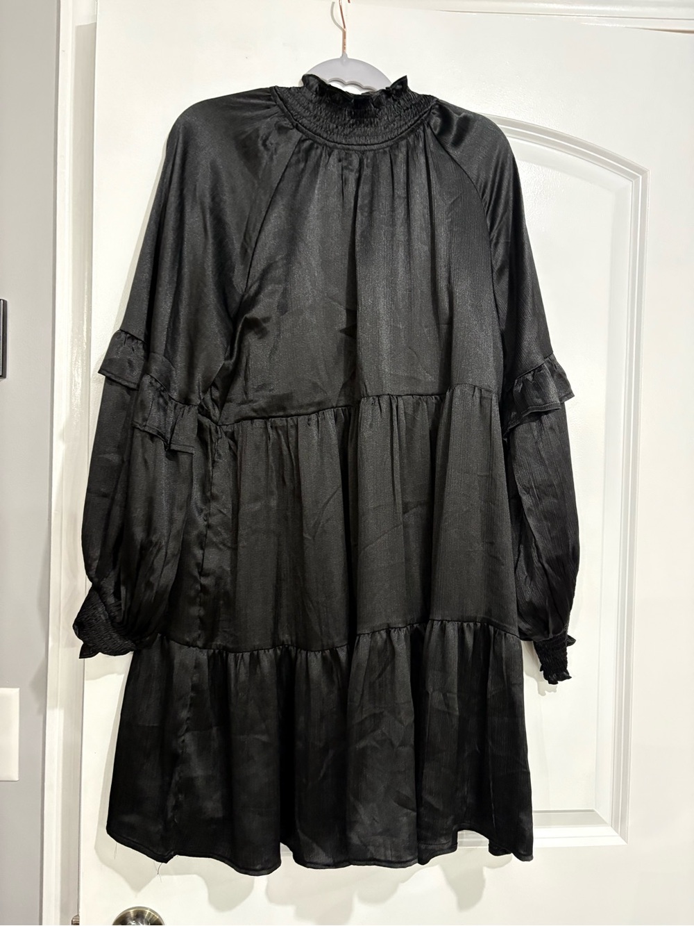 Women's Black Smocked-Neck Tiered Mini Dress